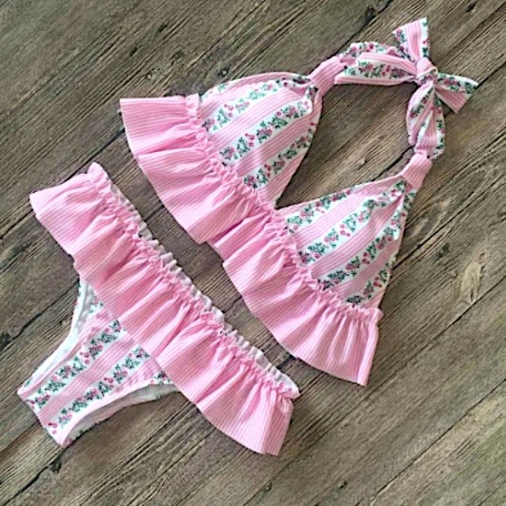 Pink Ruffle Floral Bikini Set - Picture 2 of 4